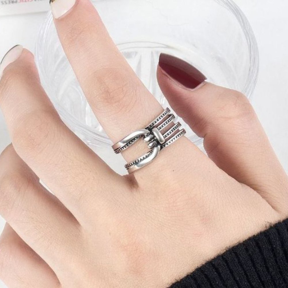 Minimalist 925 Sterling Silver Chunky Belt Buckle Ring Cross Twist Vintage Ring - Picture 4 of 4